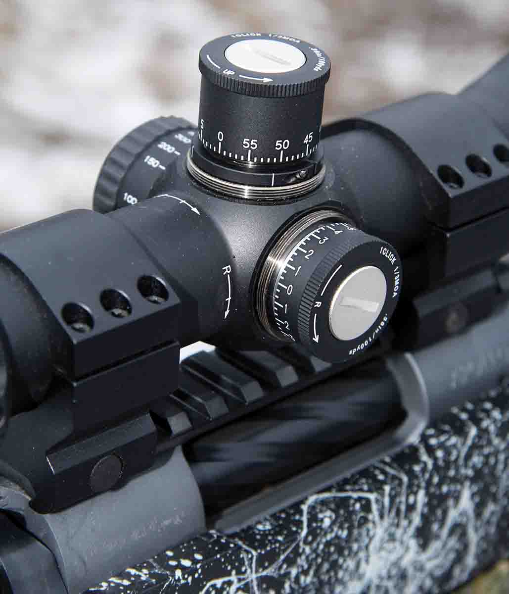 The turrets of the Huskemaw Blue Diamond 5-20x 50mm scope include aluminum screw-on cover caps and are weatherproof when exposed to the elements.